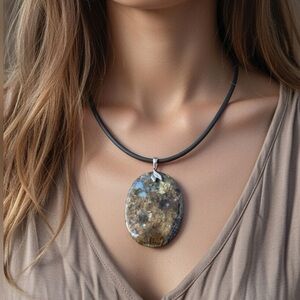 Labradorite oval pendant Sterling Silver black cord handmade necklace